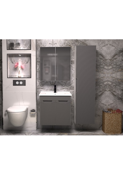Banyo Dolabı Aynalı Cnc İşlemeli Membran Kapaklı 65 Cm Antrasit