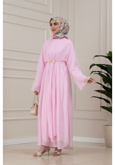 Sevitli Bolerolu Toka Detaylı Defne Elbise-pembe-5804