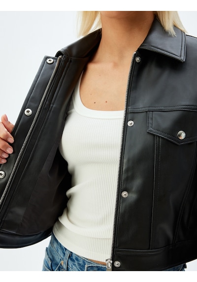 Koton Crop Suni Deri Ceket Fermuarlı Cepli Siyah 5sak20007ew Siyah