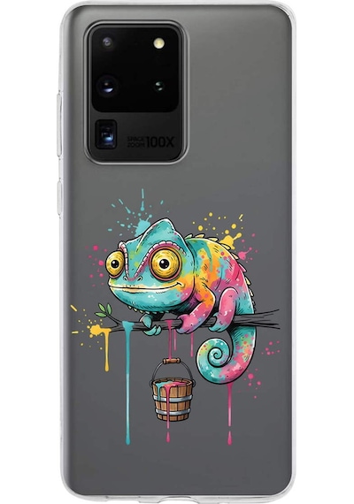 Samsung Galaxy S20 Ultra İle Uyumlu Splash Bukalemun Tasarımlı Şeffaf Silikon Kılıf Şeffaf
