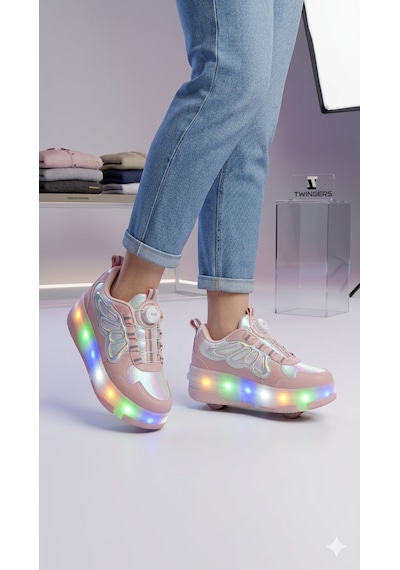 Kız Çocuk Patenli Kaykay Tekerlekli Işıklı Rahat Spor Ayakkabı&yeni Model Hologramlı Pembe Pudra