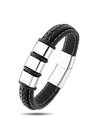 Brezza Lusso Jewelry Hakiki Örgü Derili Çelik Erkek Bileklik Siyah