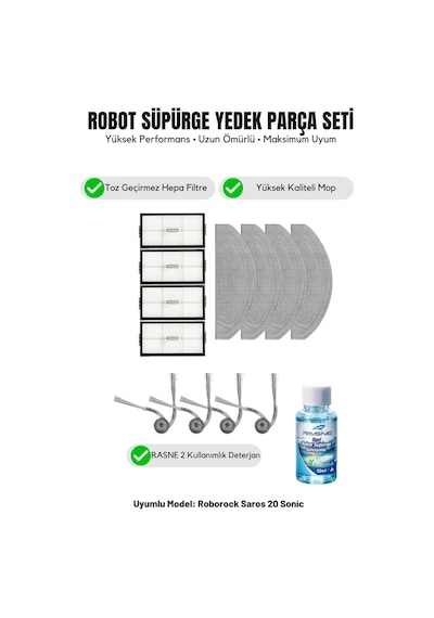 Roborock Saros 20 Sonic İle Uyumlu 4 Yan Fırça 4 Filtre 4 Mop 1 Deterjan 2.0