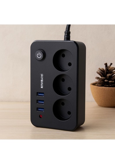 Anahtarlı Termal Korumalı 3'lü Priz + 3xusb 2.1a 2m Uzatma Kablosu Siyah Standart