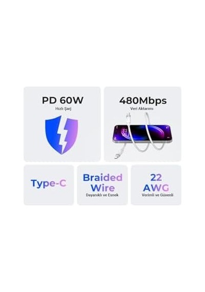 60w 3a Pd Type-c To Type-c Hızlı Şarj Ve Data Kablosu Beyaz 1 Metre