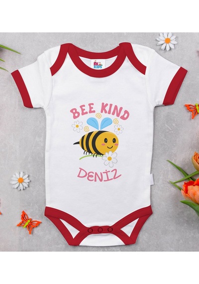 Bk Gift Bk Kids Kişiye Özel Bee Kind Tasarımlı Kırmızı Bebek Body Zıbın-1