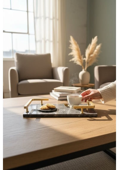 Akayev Mermer Antrasit Mat Altın L Dizayn 30x20 Cm Tepsi Antrasit
