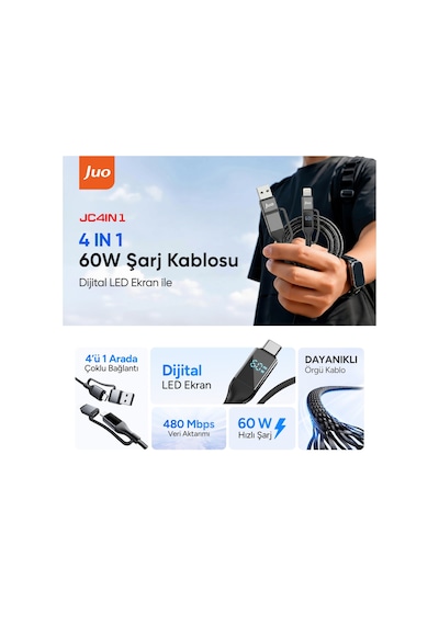 Juo 60w 4'ü 1 Arada Type-c / Usb-a / Lightning Dijital Led Ekranlı Örgülü Hızlı Şarj Ve Data Kablosu 1.2 Metre