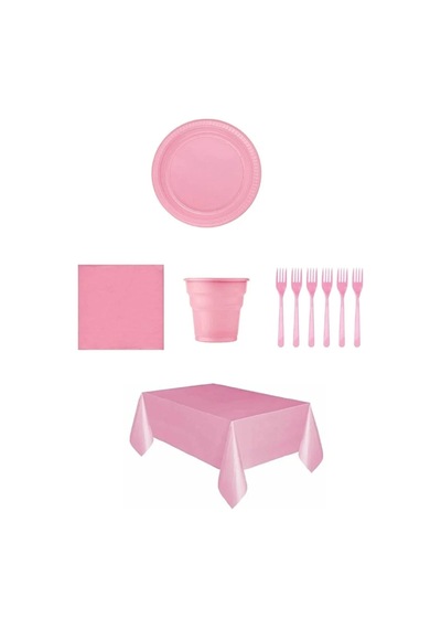 Pembe Renk Plastik Tabak, Bardak, Çatal, Peçete Ve Tek Kullanımlı