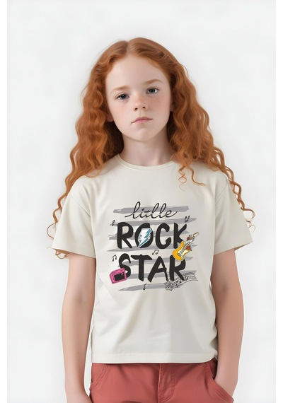 Panios Kids Little Rock Baskılı Kız Çocuk Kısa Kollu T-shirt Krem