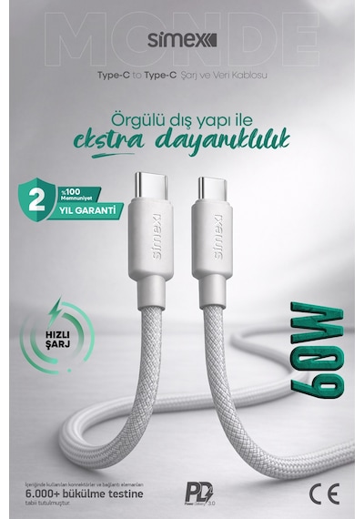 Simex İphone 15-16-17 Serileri Uyumlu - İphone Samsung Redmi Uyumlu - 60w Type-c Hızlı Şarj Kablosu Spk10
