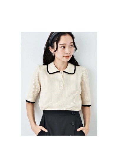 De Pose Polo Yaka Old School Düğmeli Şerit Çizgili Basic Triko Kadın T-shirt Krem
