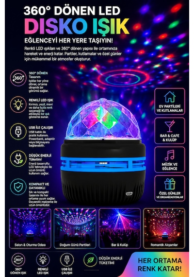 360 Dönen Led Disko Işığı Usb Renkli Gece Lambası Parti Oda Bar Kulüp Aydınlatma Siyah