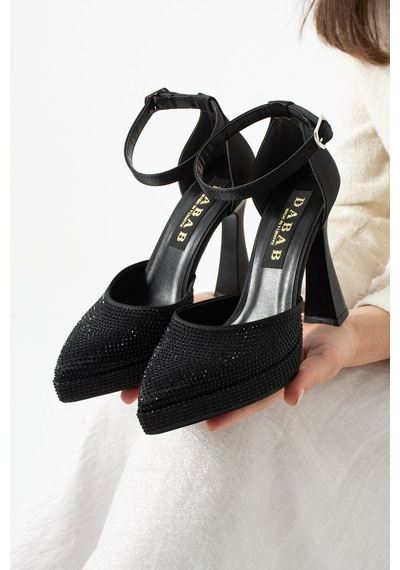 Dabab Shoes Serenya Kadın Siyah Sivri Burun 11 Cm Platform Topuklu Taşlı Bilekten Bantlı Abiye Ayakkabı