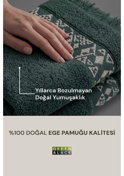 Hereke Heritage Serisi 3 Lü Havlu Seti Krem Bordürlü Yeşil, %100 Ege Pamuğu, Jakarlı Dokuma, 3 Parça Havlu Seti