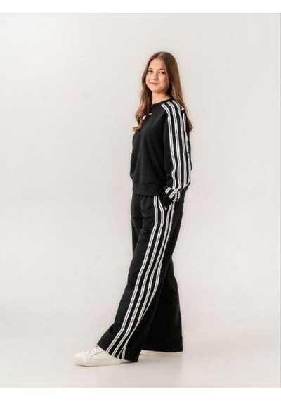 Kız Çocuk 2 İplik 3 Şeritli Sweatshirt-14938 Siyah