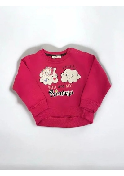 Zekids Kız Bebek Dady Yazılı Bulut Baskılı Pamuklu Sweat-14461 Fusya