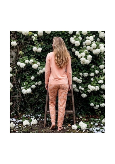Pijamoni Kadın Sofya Kumaş Bisiklet Yaka Pijama Takımı Somon Desenli