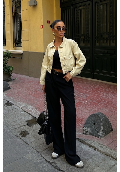 Bej Çift Cep Denim Crop Ceket Bcdf-255419 Çok Renkli