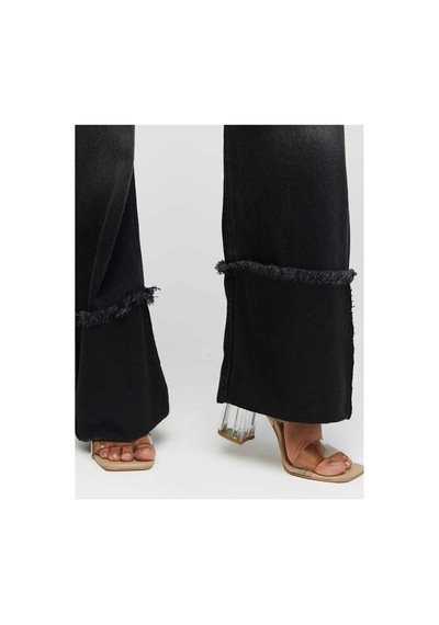 Kene Jeans Yüksek Bel Siyah İşlemli Ters Paça Püskül Detaylı Kot Jeans Siyah İşlemli