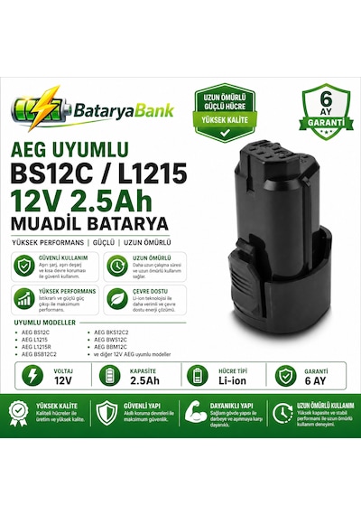 Bataryabank Aeg Bs12c / L1215  12v 2.5ah Li-ion Muadil Matkap Bataryası