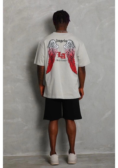 Erkek Oversize Baskılı Bisiklet Yaka T-shirt - Gri Gri