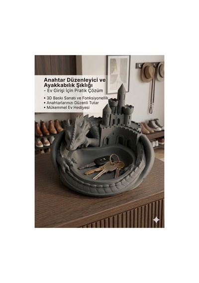 3d Tasarım Ejderha Ve Kale Temalı Dekoratif Anahtarlık Düzenleyici - Takı Standı 19x19 Cm