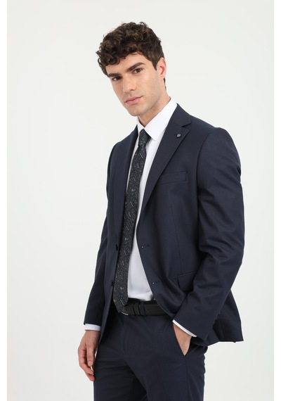 Dufy Erkek Slim Fit Mono Yaka Lacivert Armürlü Takım Elbise-26168