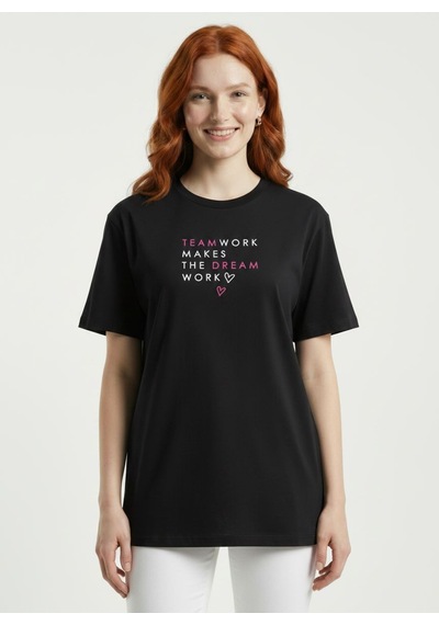 Neden Tekstil Kadın Siyah Baskılı Basic T-shirt