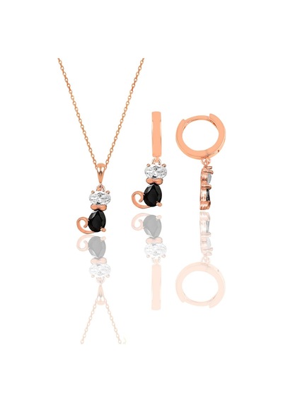Gümüş Rose Zirkon Taşlı Özel Tasarım Kedi Kolye Ve Küpe İkili Set