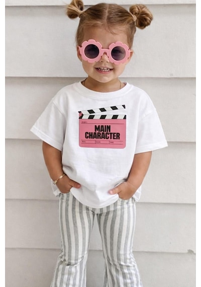 Monila Unisex Çocuk Pamuklu Bisiklet Yaka Baskılı T-shirt Beyaz - Pembe
