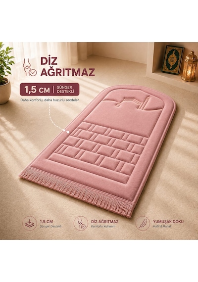 Diz Dostu Seccade Ortopedik Süngerli 1.5 cm Kalın Kadife Namazlık + Çanta Koyu Pembe