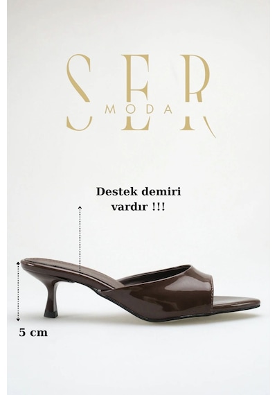 Sermoda Topuklu Kadın Terlik - 5 Cm İnce Topuklu Sivri Burun Kadın Terlik Rugan Kahve
