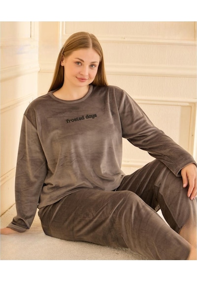Mihra Kadın Kışlık Bisiklet Yaka Kadife Battal Pijama Takımı 132213g - 1 Adet Gri