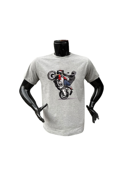 Motosiklet Ön Kaldıran Motorcu Baskılı %100 Pamuk Regular Fit Bisiklet Yaka Gri Gri T-shirt Gri