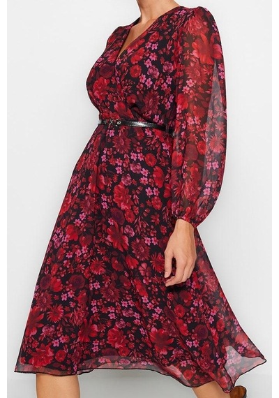Ersefa Moda Stil Regular Kruvaze Midi Boy Kemerli A Kesim Yaka Desenli Ş Bordo