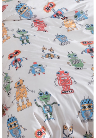 Eponj Home Tek Kişilik Pamuklu Nevresim Takımı 3 Parça Roboti Desen Beyaz / Yumuşak Dokulu Beyaz