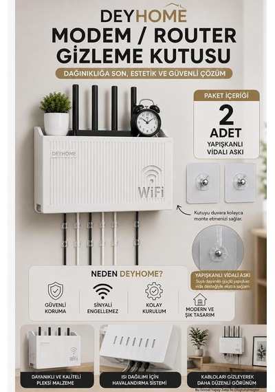 3'lü Set Modem Gizleme Kutusu Wi-fi Router Saklama Kutusu Pleksi Duvar Tipi Modem Koruyucu + 20 Adet Kablo Düzenleyici + 2 Adet Yapışkanlı Vidalı Askı Hediyeli 3, 3'lü Set Siyah