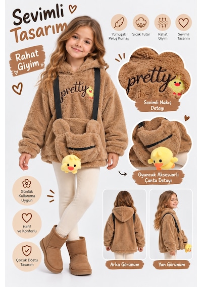Ahengim Kız Çocuk Peluş Kapüşonlu Sweatshirt Pretty Nakışlı Oyuncak Aksesuarlı Çantalı Kışlık Üst Ak4130 Kahverengi