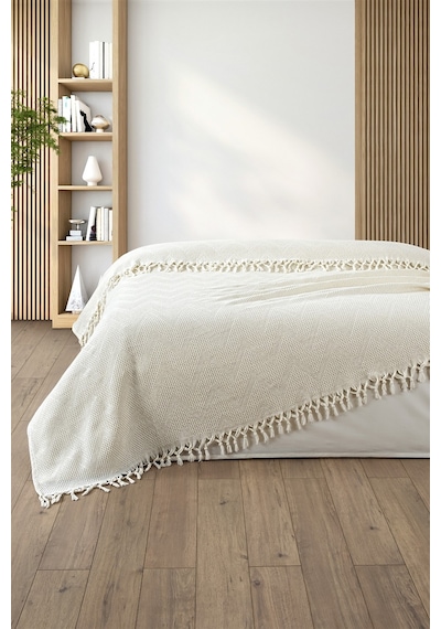 %100 Pamuk Çift Kişilik Bağlama Saçaklı Pike-220x240 Cm-krem Krem Krem