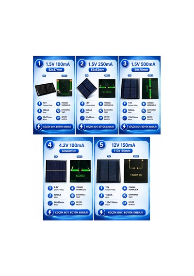 Mini Güneş Paneli Seti 5'li Solar Panel Paketi 1.5v / 4.2v / 12v