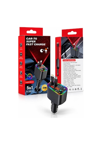 Castu T6 120w Hızlı Araç Şarj Cihazı Fm Transmitter Bluetooth Araç Kit Yıldız Lazer Işıklı