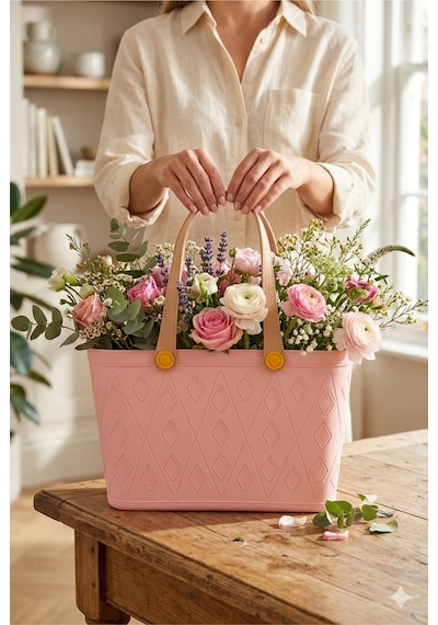 Deri Görünümlü Çok Amaçlı Kulplu Plastik Organizer Sepet El Çantası Plaj Çantası, Piknik Sepeti, Dekoratif Sepet Pembe
