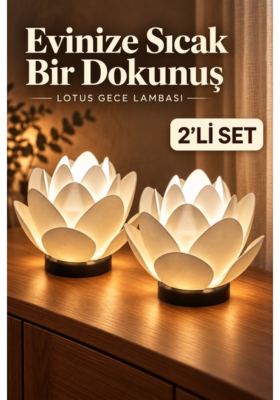 Lotus Çiçeği 2 Li Dekoratif Gece Lambası Beyaz, Sıcak Işıklı Set Tealight Mum Dahil