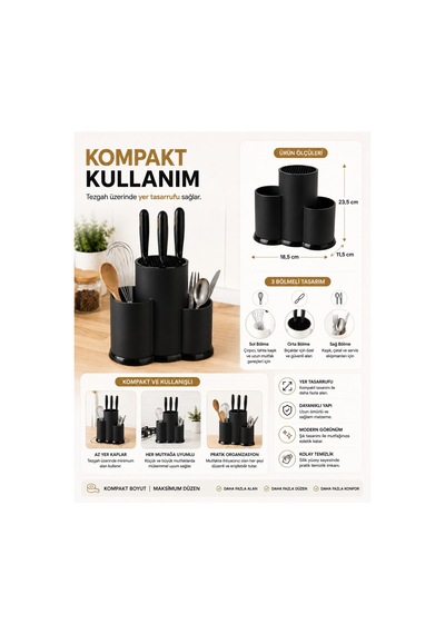Tezgah Üstü Bölmeli Bıçaklık - Kaşık Kepçe Bıçak Standı Mutfak Düzenleyici Organizer Kaşıklık Siyah S-10137