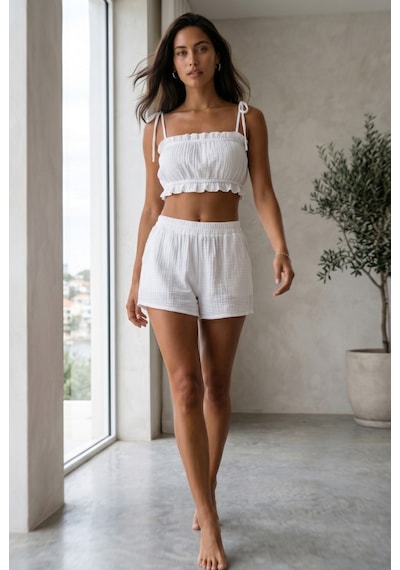 Combattente Exclusive Products Organik Pamuk Müslin Askılı Crop Şortlu Takım - Naturel Doğal-oeko Tex Sertifikalı Kumaş Beyaz