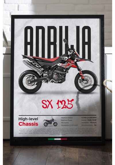 Aprilia Sx 125 Siyah Ahşap Çerçeveli Poster, Dekoratif Motosiklet Duvar Tablosu
