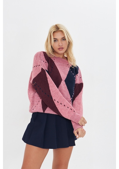 Pudra-bodro-lacivert Baklava Desen Oversize Triko Bordo