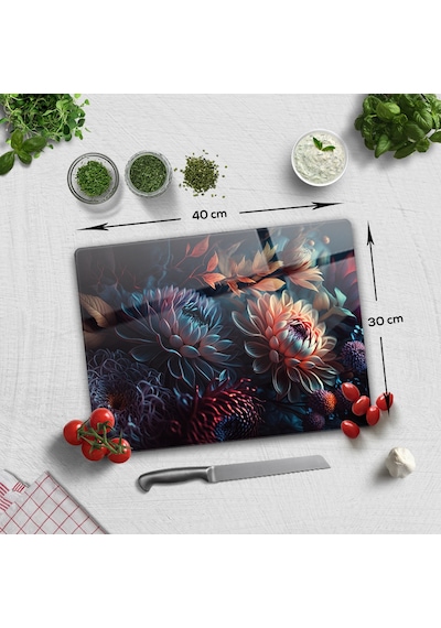Cam Kesme Tablası - Cam Kesme Tahtası Dark Flowers 30cm X 40c