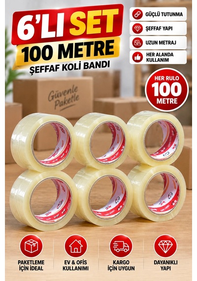 Vege 6 Lı Şeffaf Koli Bandı Seti 100 Metre Toplam 600 Metre Güçlü Yapışkanlı Paketleme Ve Kargo Ba Diğer
